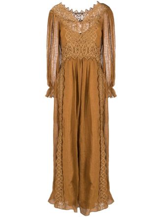 Alberta Ferretti lace linen long dress - women - Acetate/Elastane/Silk/Linen/Flax - 40 - Brown