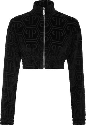 Philipp Plein Cropped Trainingsjack Jacquard Monogram - Dames - Vesten met rits - Zwart - XS - Katoen - Hoodies & sweatvesten