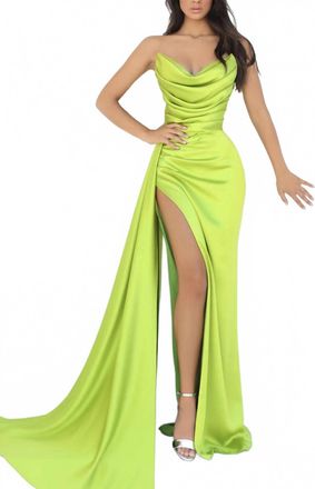 Tarik Ediz Strapless Gown With Slit In Lime Green
