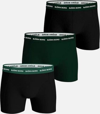 Bj&ouml;rn Borg Mens 3-Pack Cotton Stretch Boxer Trunks, Black/Green - Black/Black - Size: 32/34/35