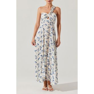 ASTR the Label Rasya Floral Pleated One-Shoulder Maxi Dress in White Blue Floral at Nordstrom Rack, Size Medium