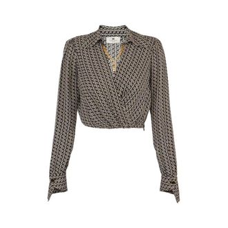 Elisabetta Franchi Overhemden, Dames, Zwart, M, Leer, Georgette Blouse met Geometrische Print