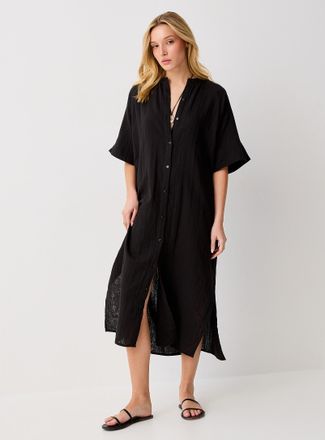 Ichi Womens Pure cotton gauze button-down midi dress