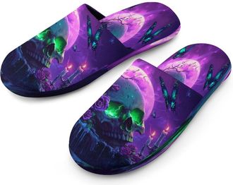 Generic Skull Roses Butterfly Purple Moon Mens Flannel Slipper Soft Non Slip House Shoes Comfy Winter Warm Indoor Outdoor Slippers