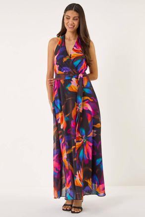 Roman Floral Print Halter Neck Maxi Dress