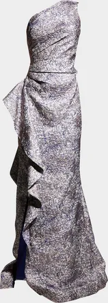 Teri Jon One-Shoulder Jacquard Side-Ruffle Gown