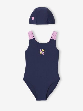 Vertbaudet Badeanzug LOVE mit Badekappe M&auml;dchen indigo-blau
