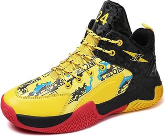 Generic Mens Fashionable Basketball Shoes Anti Slip Shock-Absorbing Wear-Resistant Youth Sports Training Walking Shoes(Yellow,5.5 UK)
