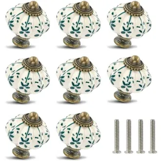 Elle Set Di 12 Pomelli Per Cassetti In Ceramica A Forma Di Zucca, Stile Retr&ograve;, Color Avorio E Verde, Stile Vintage, Viti Incluse, Per Armadi E Com&ograve;