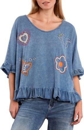 BILLY T Worry Free Embroidered Ruffle Cotton Top in Denim Knit at Nordstrom, Size X-Large