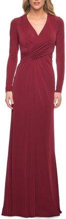 La Femme Long Sleeve Jersey Dress with Criss-Criss Front Ruching in Wine at Nordstrom, Size 18