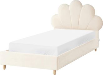 Beliani Bed Beige Velvet Upholstered Frame Headrest 3ft EU Single Size Bedroom Kids Room Modern Traditional NEULISE
