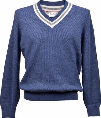 Brunello Cucinelli Blue V-Neck Ribbed Sweater, Brand Size 46 (US Size 36)