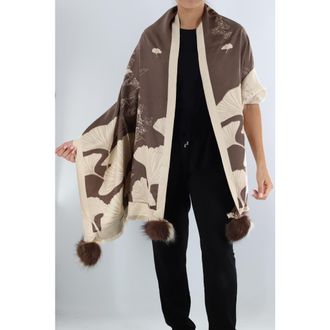 La Fiorentina Shell Print Wrap with Faux Poms in Brown/ivory at Nordstrom