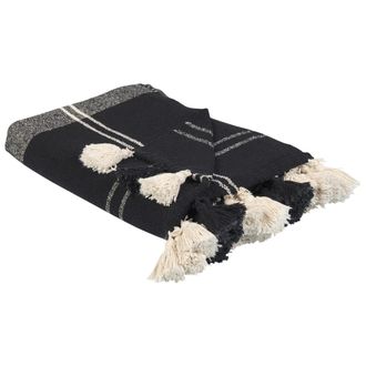 Beliani Manta De Algod&oacute;n Negro Blanco 130 X 170 Cm Hecho A Mano Borlas Decorativas Kulac