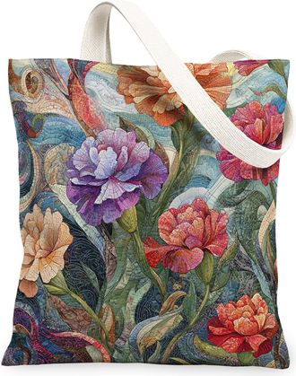 Generic Spring Carnations Flower Canvas Tote Bag for Shopping 13x15, Quilled Style Florals Reusable Grocery Print Bag for Women, Cool Aesthetic Beach Aestheti