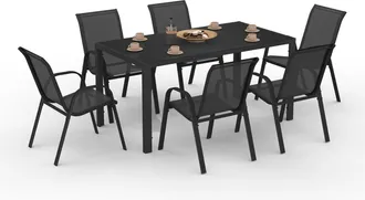 IDMarket Set Di Mobili Da Giardino Madrid Tavolo 150 Cm E 6 Sedie Impilabili Nero
