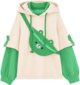 Generic Womens Teen Girls Cute Brown Bear Hoodie Korean Kawaii Long Sleeve Pullover Jumper Streetwear Harajuku Cartoon Tops Fashion Hoodies Patchwork Hooded S