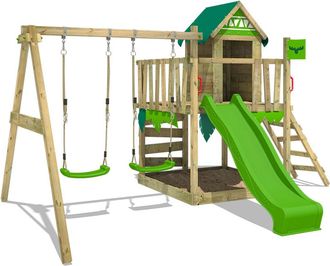 Fatmoose Parque Infantil De Madera Jazzyjungle Con Columpio Y Tobog&aacute;n Casa De Juegos De Jard&iacute;n Con Arenero Y Escalera Para Ni&ntilde;os - Verde Manzana - Fatmoose