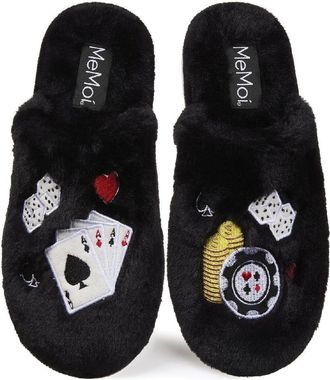 MeMoi Womens Casino Plush Memory Foam Slippers, Black, L