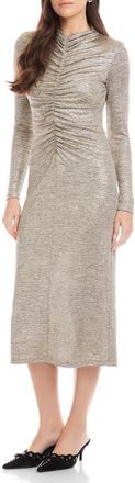 Fifteen Twenty Selena Foil Knit Ruched Long Sleeve Midi Dress in Gold Dust at Nordstrom, Size Medium