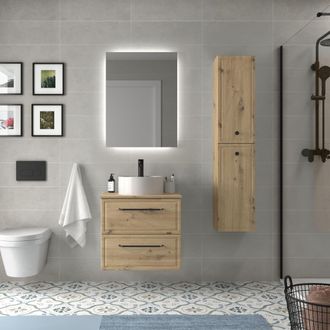 Cygnus Bath Mueble De Ba&ntilde;o Runa 70cm Roble 2 Cajones Lavabo Sobre Encimera 1 Poza Porcelana