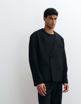 Asos Giacca da smoking squadrata nera senza colletto-Nero