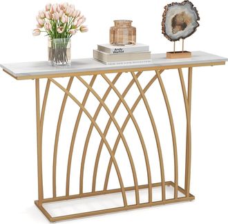 Costway Costway - Mesa De Consola, Mesa De Entrada Dorada Con Tapa De M&aacute;rmol Blanco, Base De Dise&ntilde;o Geom&eacute;trico, Mesa Auxiliar Larga Y Estrecha Para Sof&aacute;, Sala