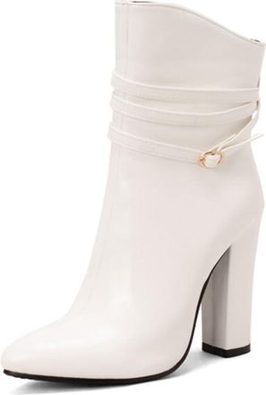 Generic Womens Pointed Toe Ankle Boots Chunky Block Heel Strappy Buckle Faux Leather Slip On Comfortable Non Slip Durable for Evening Party Prom,White,4.5 UK
