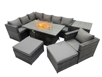 Fimous Rattan Garden Furniture Dining Set 9-seater with Big Stools Side Table in Dark Grey