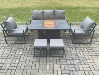 Fimous Aluminium Outdoor Garden Furniture Set Gas Fire Pit Dining Table Set Gas Heater Burner with 2 Arm Chair Small Footstools Dark Grey