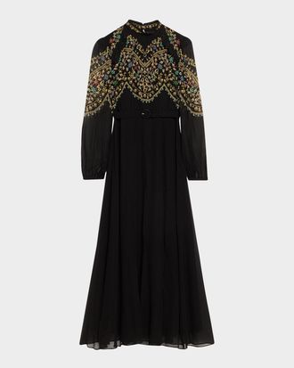 Saloni Jacqui-B Belted Floral Silk Midi Dress