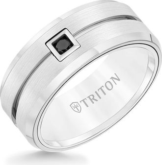 Triton 9MM Ring with Single Black Diamond Center and Brushed Center with Bevel Edge in Metallic Silver at Nordstrom, Size 12.5