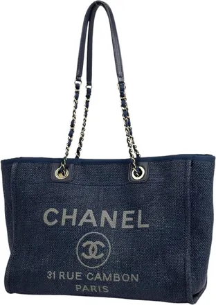 Chanel Deauville Navy Straw Leather Tote Bag (Pre-Owned)