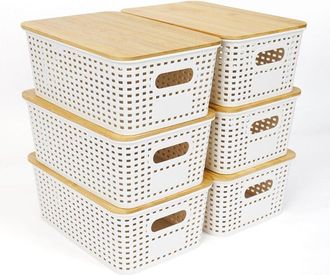 OEM Juego De 6 Cajas De Almacenamiento Apilables Con Tapa De Bamb&uacute; - Pl&aacute;stico - Blanco - 25,6 X 18 X 10,7 Cm