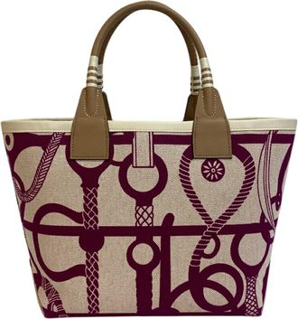 Herm&egrave;s Beige Purple Toile H Handbag Tote Bag (Pre-Owned)