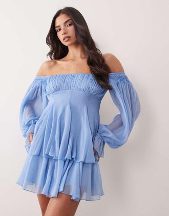 Asos Vestito corto godet blu a doppio strato con spalle scoperte