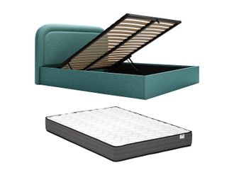 Vente-Unique Canap&eacute; abatible de 160 x 200 cm - Tela jaspeada - Azul verdoso + Colch&oacute;n - FIREZA