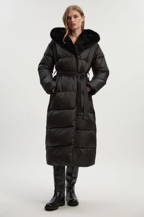 Karen Millen Womens Premium Faux Fur Lined Padded Hooded Belted Midi Coat - Black Nylon - Size 10 UK