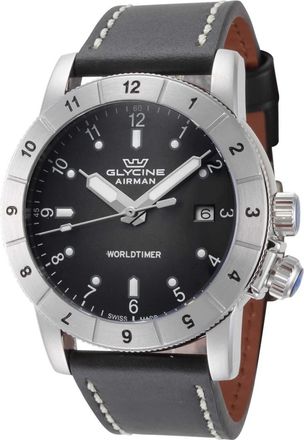 Glycine Airman Contemporary Worldtimer Quartz Black Dial Mens Watch GL1023