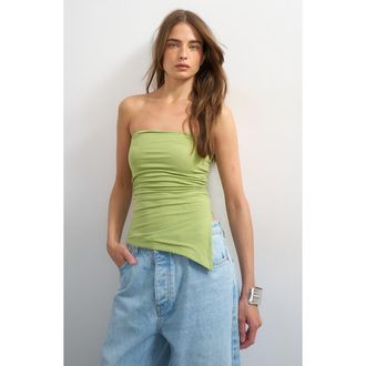 Topshop Strapless Ruched Asymmetric Hem Stretch Cotton Top in Med Green at Nordstrom, Size X-Small