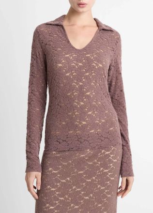 Vince Lace Long Sleeve Polo Top In Smoky Berry