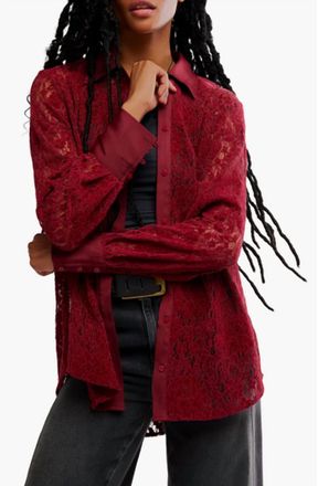 Free People Faith Lace Button-Up Shirt In Cabernet Red