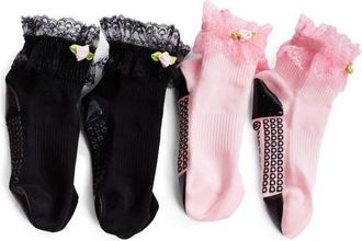 Arebesk Diana Ruffle Assorted 2-Pack Grip Socks in Black- Pink at Nordstrom, Size Medium