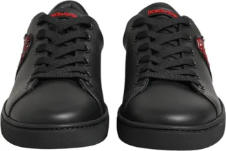 Dolce & Gabbana Black Leather Crystal Heart Low Top Sneakers Womens Shoes