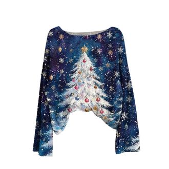 Generic Christmas Tunic Tops for Women Novelty Christmas Jumper UK Long Sleeve Boat Neck Textured Tops Gradient Snowflake and Xmas Tree Print Pullover for Win
