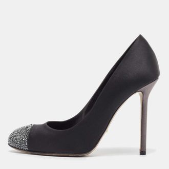 Sergio Rossi Black/grey Satin Crystal Embellished Peep Toe Pumps