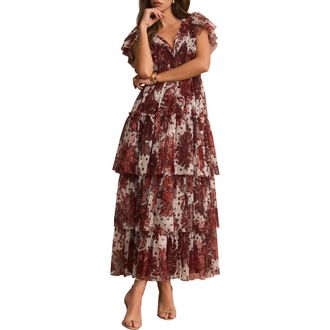 Mint Velvet Floral Print Tulle Midi Dress in Red at Nordstrom, Size 12