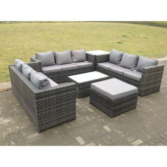 Fimous Outdoor Rattan Garden Furniture Lounge Sofa Set With Oblong Coffee Table And Side Tall High Table With Big Footstool - Fimous