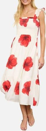August Sky Ruffle Strap Smocked Midi Dress in Red/Ivory at Nordstrom Rack, Size Medium